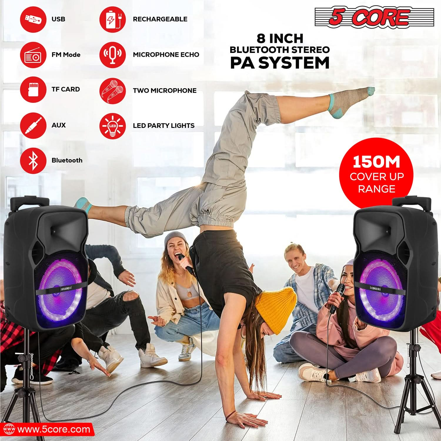 5Core 8 inch PA Portable Bluetooth Party Speaker Karaoke Boombox + 2