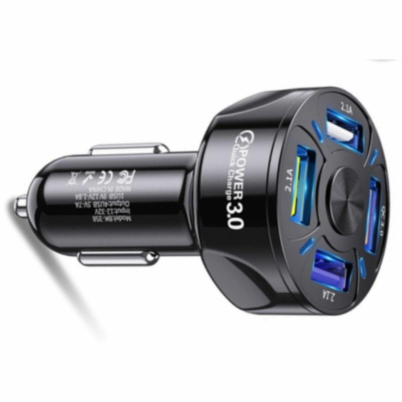 Black 4 Port LED Fast Car Charger and 6FT Charger Compatible for