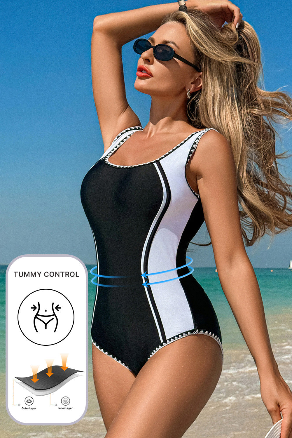 Black Color Block Ric Rac Trim U Neck One Piece Swimsuit