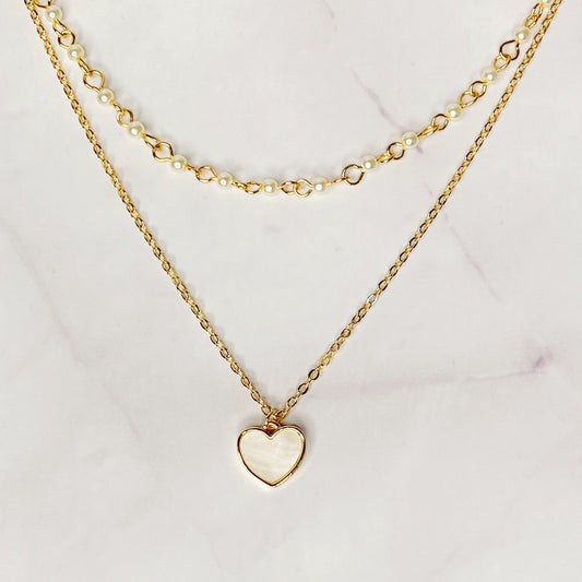 Layered Pearl Chain Heart Necklace