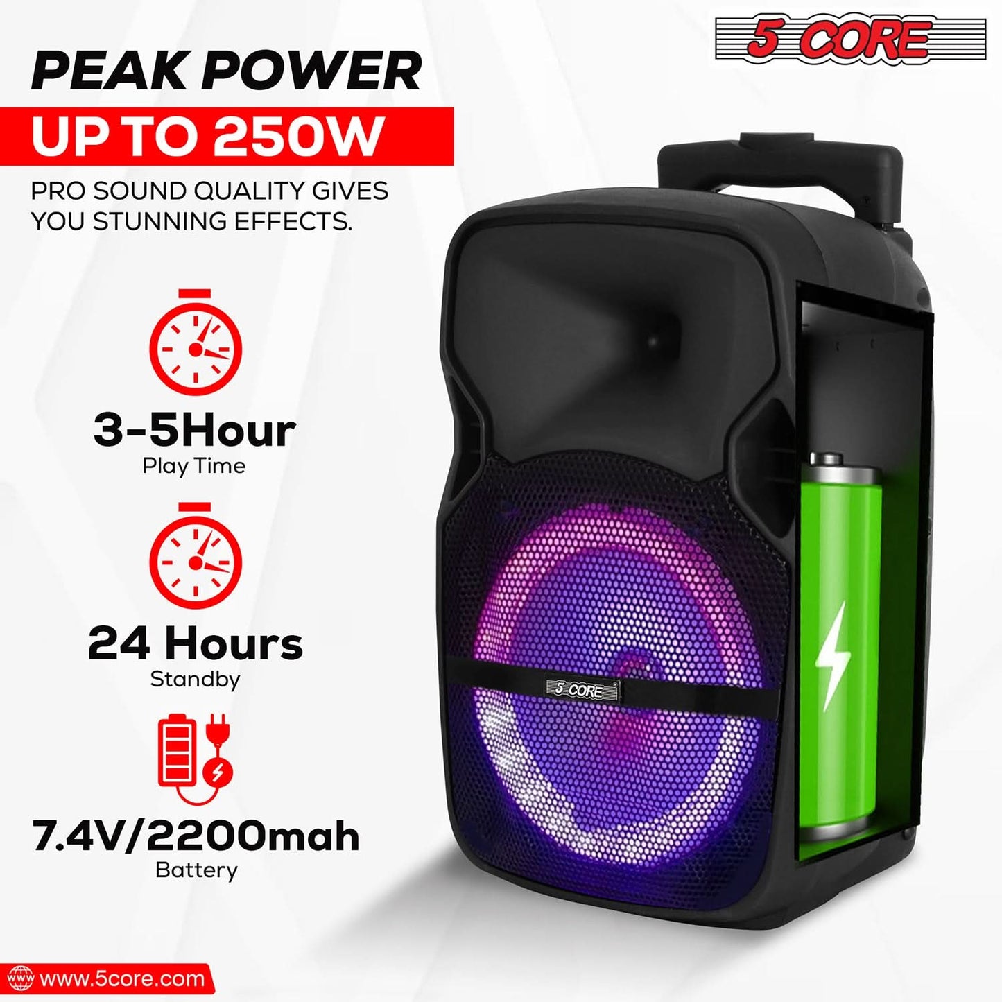 5Core 8 inch PA Portable Bluetooth Party Speaker Karaoke Boombox + 2