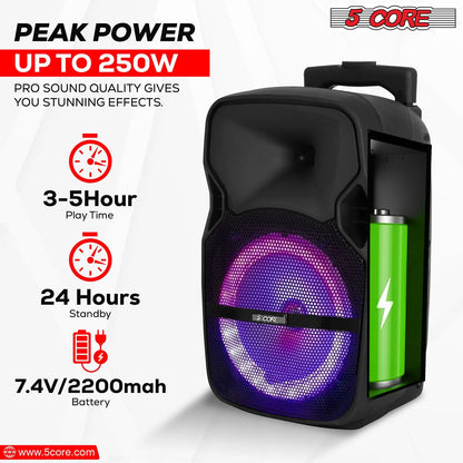 5Core 8 inch PA Portable Bluetooth Party Speaker Karaoke Boombox + 2