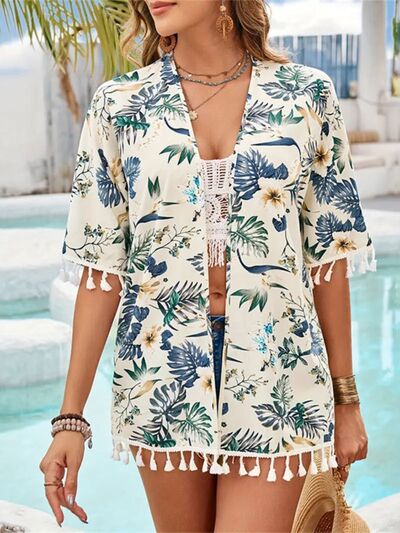 Tassel Printed Open Front Half Sleeve Cover-Up