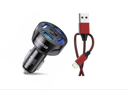 Black 4 Port LED Fast Car Charger and 6FT Charger Compatible for