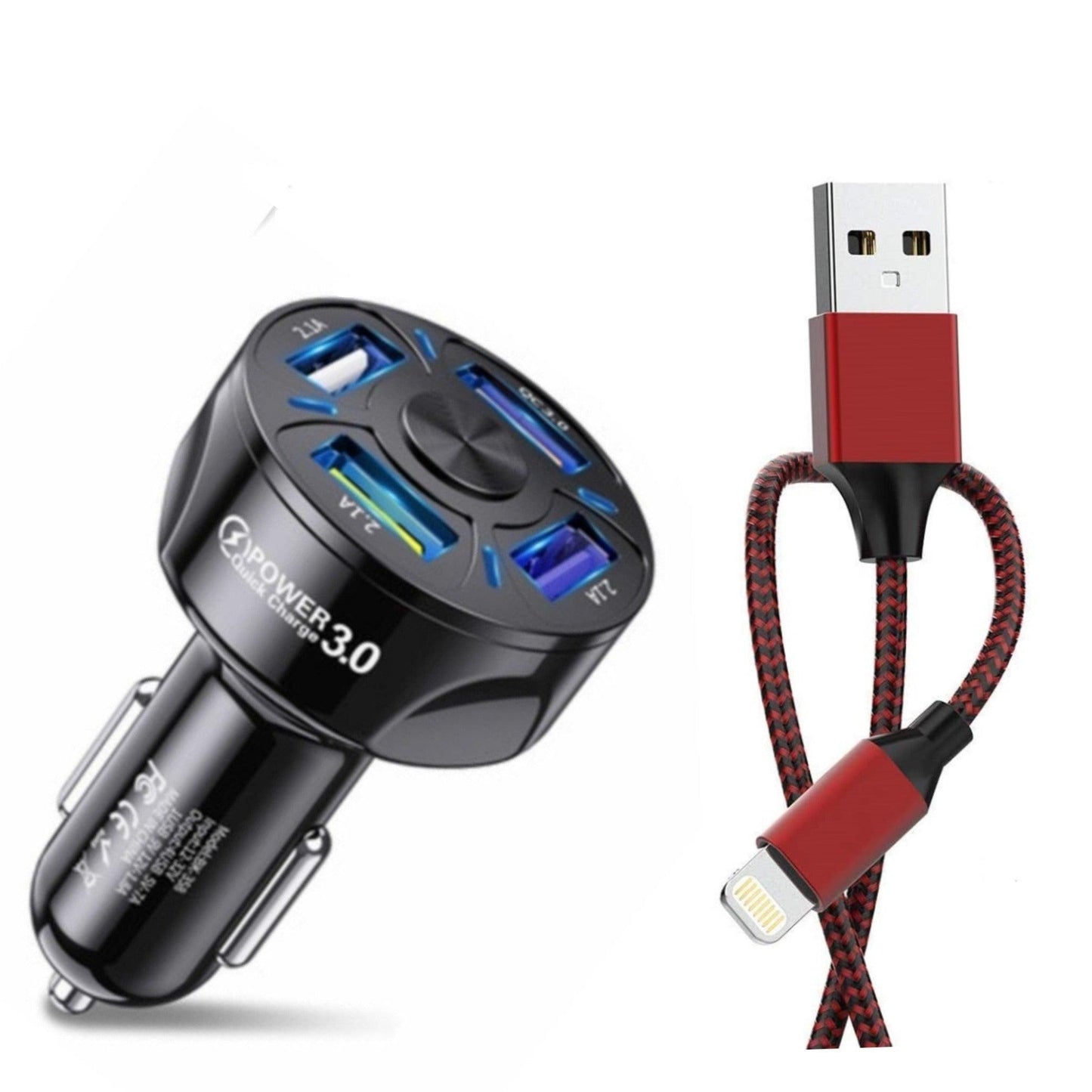 Black 4 Port LED Fast Car Charger and 6FT Charger Compatible for