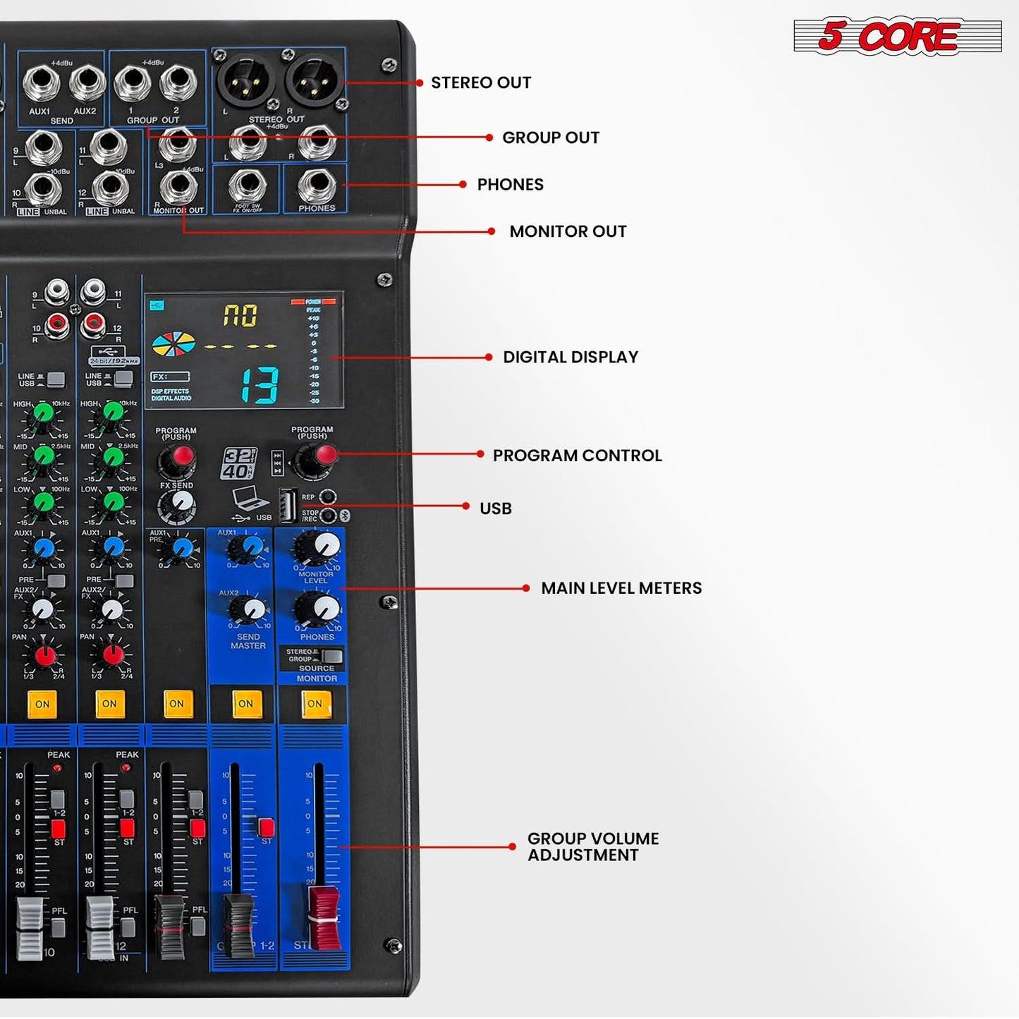 5Core Audio DJ Mixer 12 Channel Sound Board Console w 99 DSP Effect