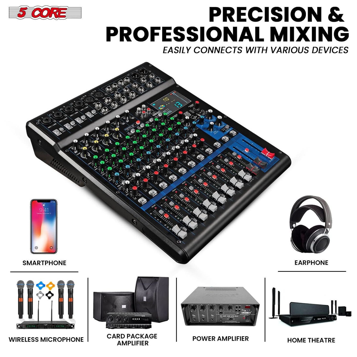 5Core Audio DJ Mixer 12 Channel Sound Board Console w 99 DSP Effect