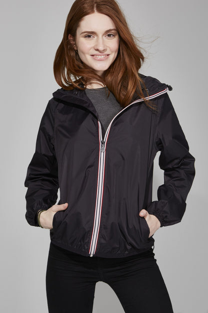 Women's Full Zip Packable Rain Jacket and Windbreaker in Black