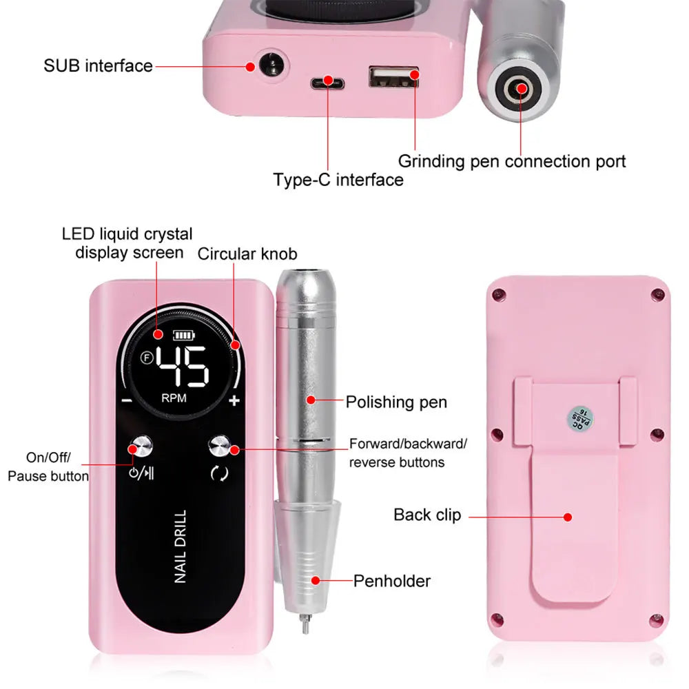 45000RPM Rechargeable Nail Drill Machine with LCD Low Noise