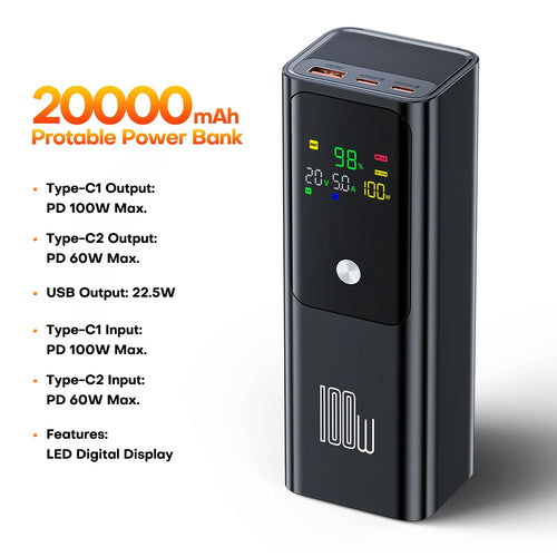 QOOVI PD 100W Power Bank 20000mAh External Battery Capacity Fast