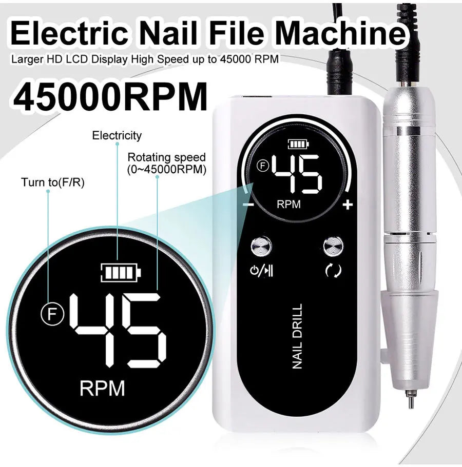 45000RPM Rechargeable Nail Drill Machine with LCD Low Noise