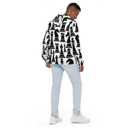 Mens Hooded Windbreaker Jacket - Black and White Chess Print