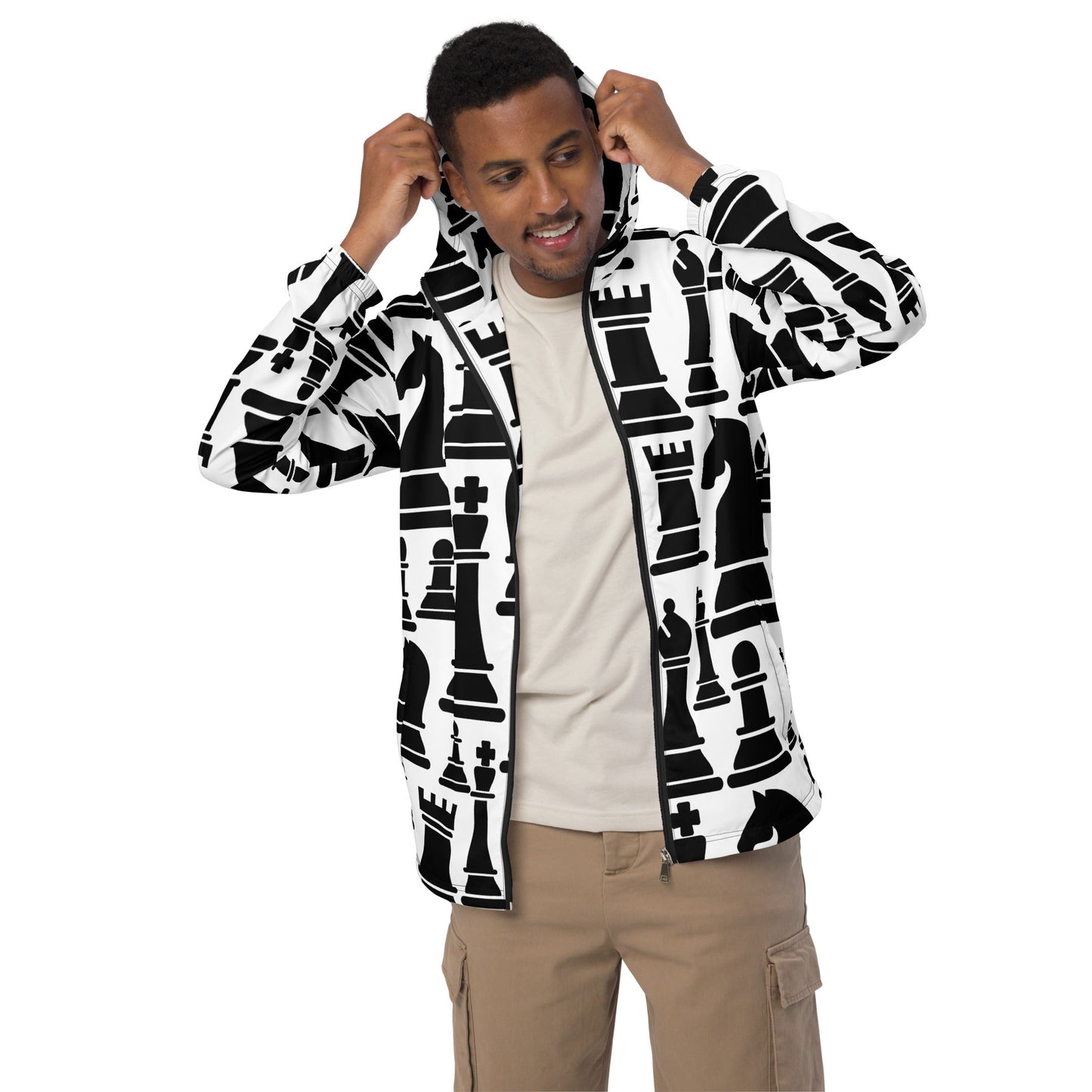 Mens Hooded Windbreaker Jacket - Black and White Chess Print