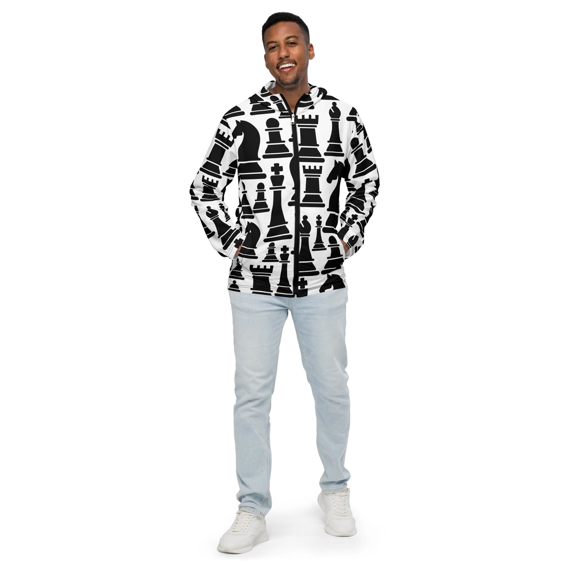 Mens Hooded Windbreaker Jacket - Black and White Chess Print