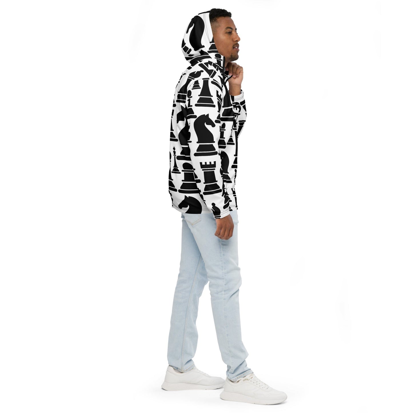 Mens Hooded Windbreaker Jacket - Black and White Chess Print