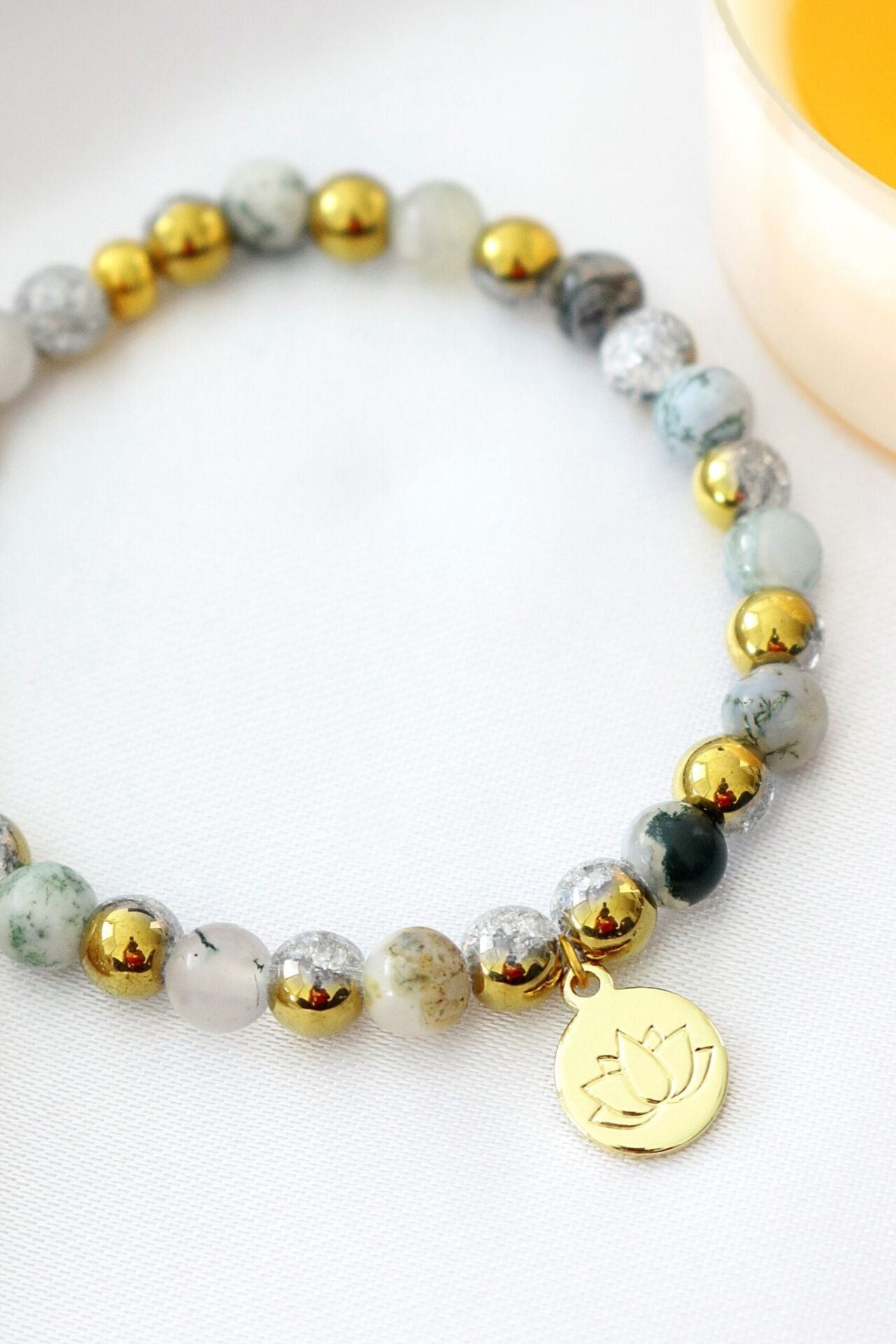 Mossy Agate Elastic Bracelet | 24K Lotus Flower Charm