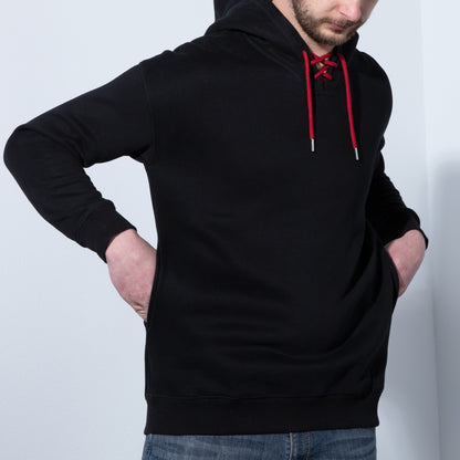 Black Hoodie with Colored drawstrings, Pullover casual sweatshirts