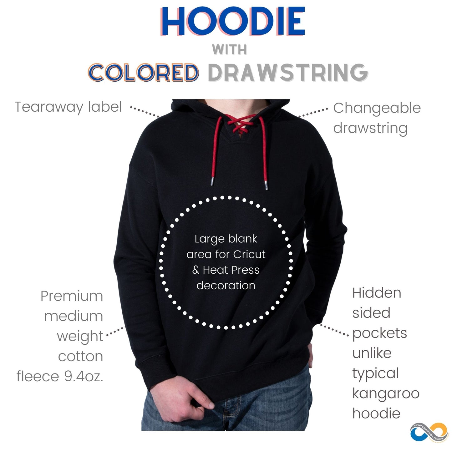 Black Hoodie with Colored drawstrings, Pullover casual sweatshirts