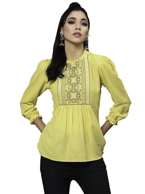 Women's Embroidery & printed Fit & Flare Top (Size-XL) (Color-YELLOW)