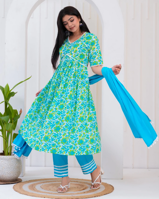 Blue Printed Kurta and Palazzos set with Dupatta For Women Size M