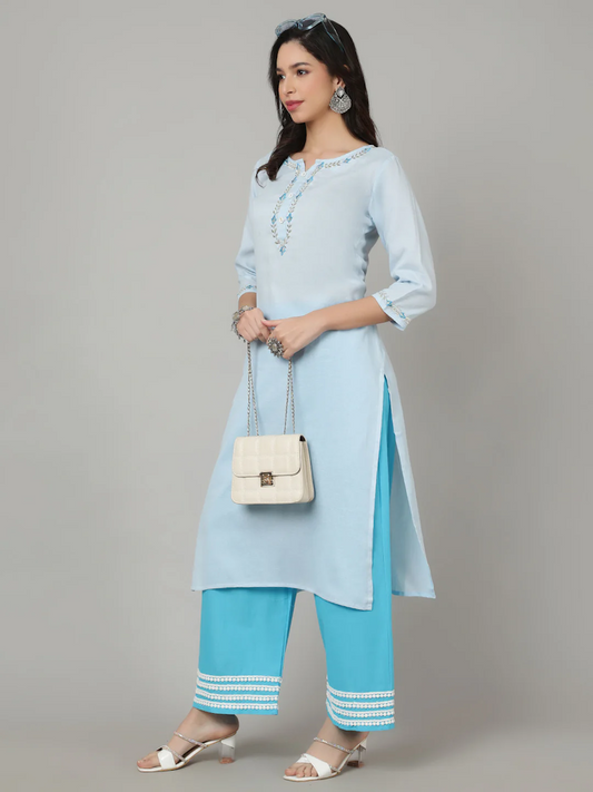 Beautifull Blue Cotton Straight Kurta and Palazzos set For Women Size