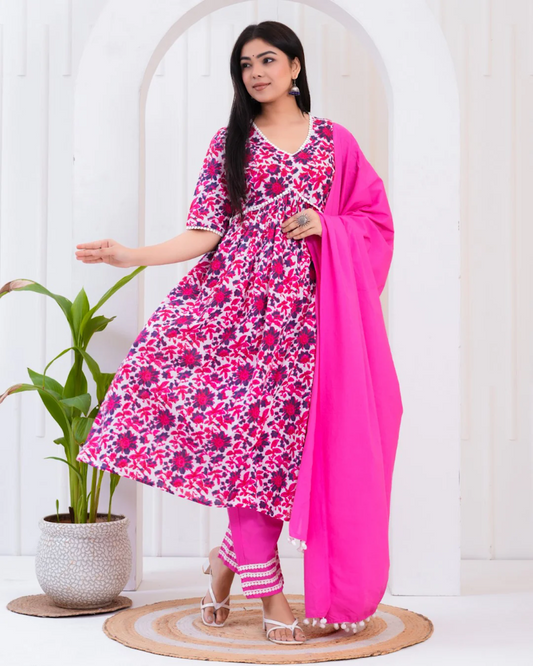 Pink Printed Cotton Straight Kurta and Palazzos set with Dupatta For