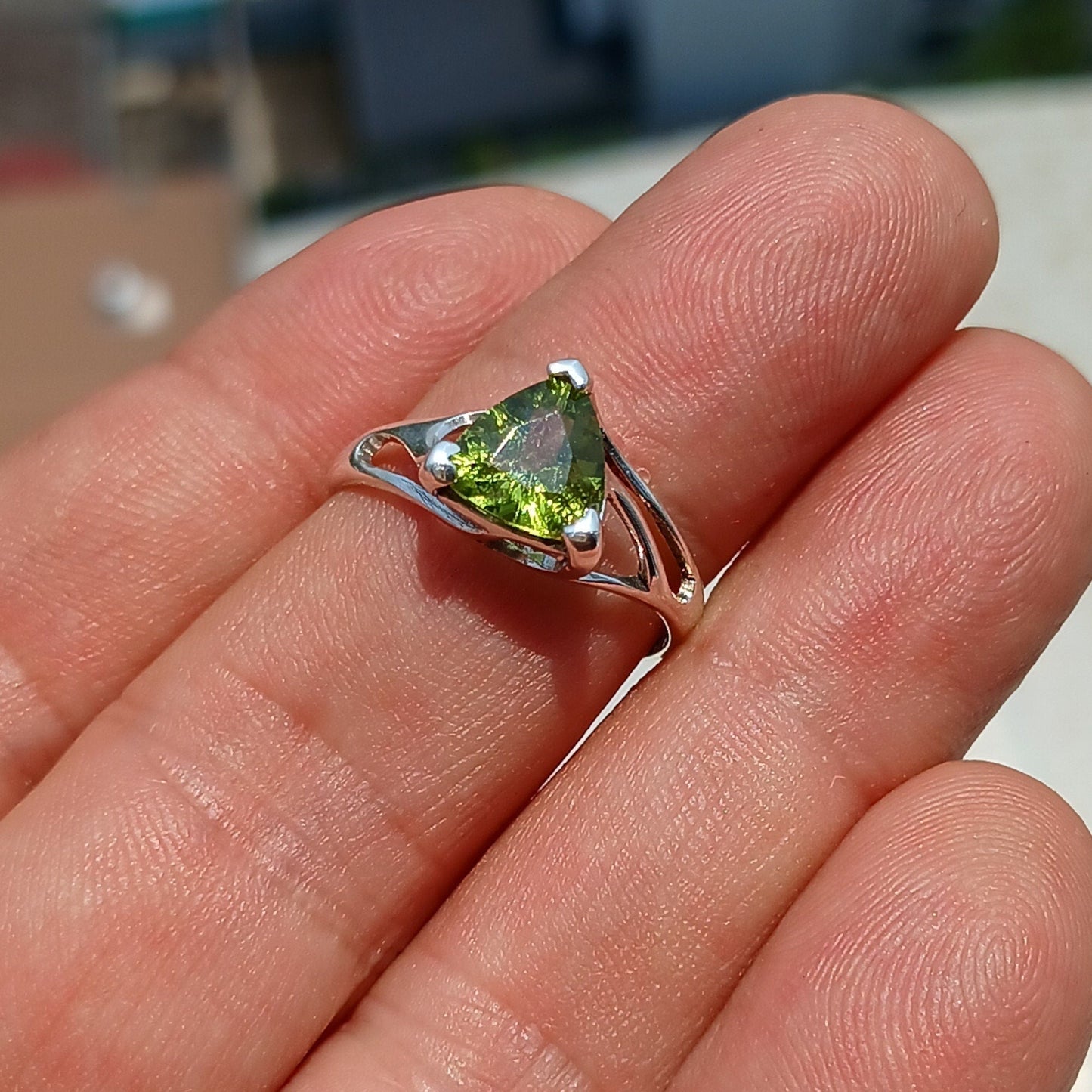 Peridot Ring, Sterling Silver Ring, Solitaire Ring, Trillion Cut,