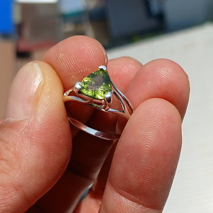 Peridot Ring, Sterling Silver Ring, Solitaire Ring, Trillion Cut,