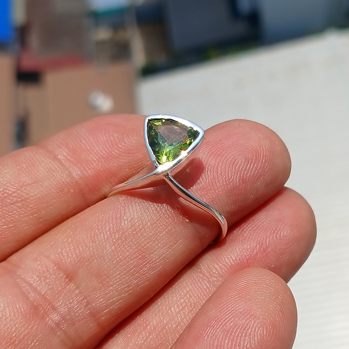 Peridot Ring, Sterling Silver Ring, Solitaire Ring, Trillion Cut,