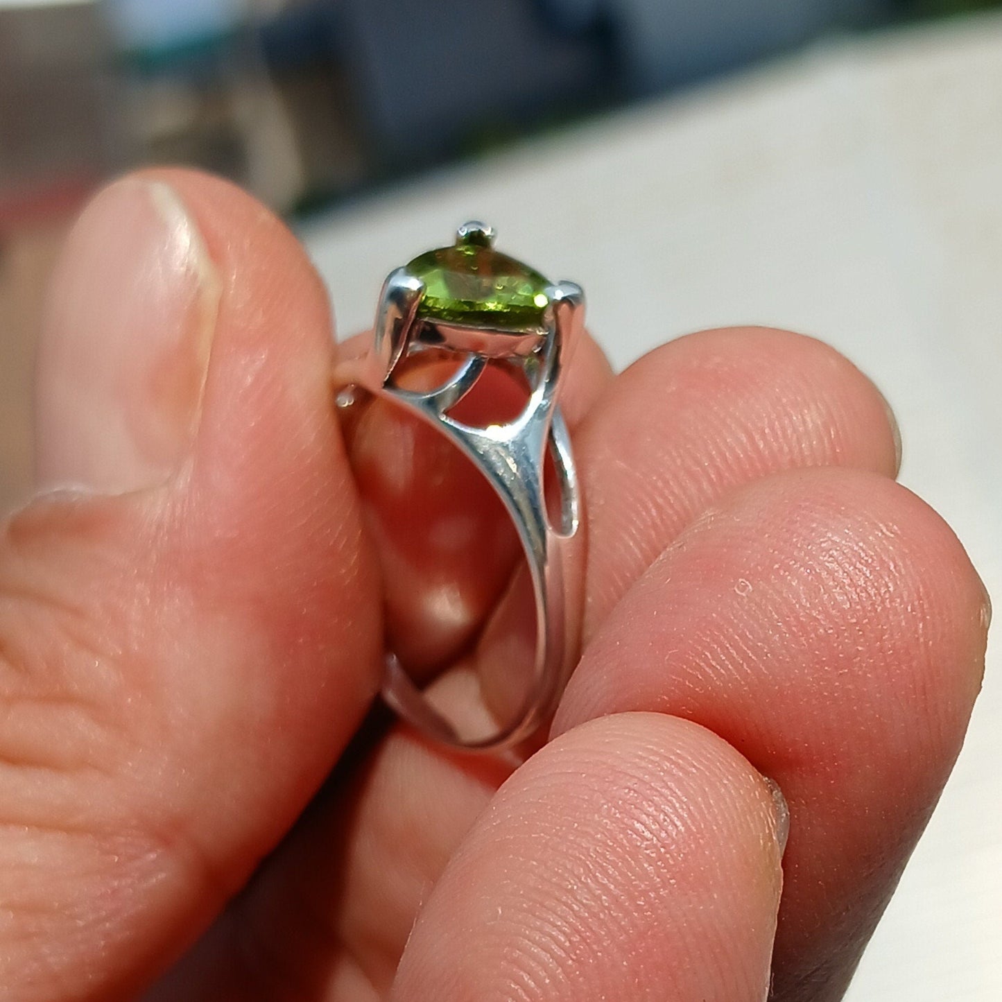 Peridot Ring, Sterling Silver Ring, Solitaire Ring, Trillion Cut,