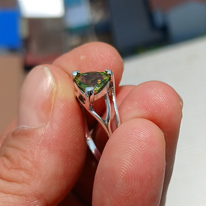 Peridot Ring, Sterling Silver Ring, Solitaire Ring, Trillion Cut,