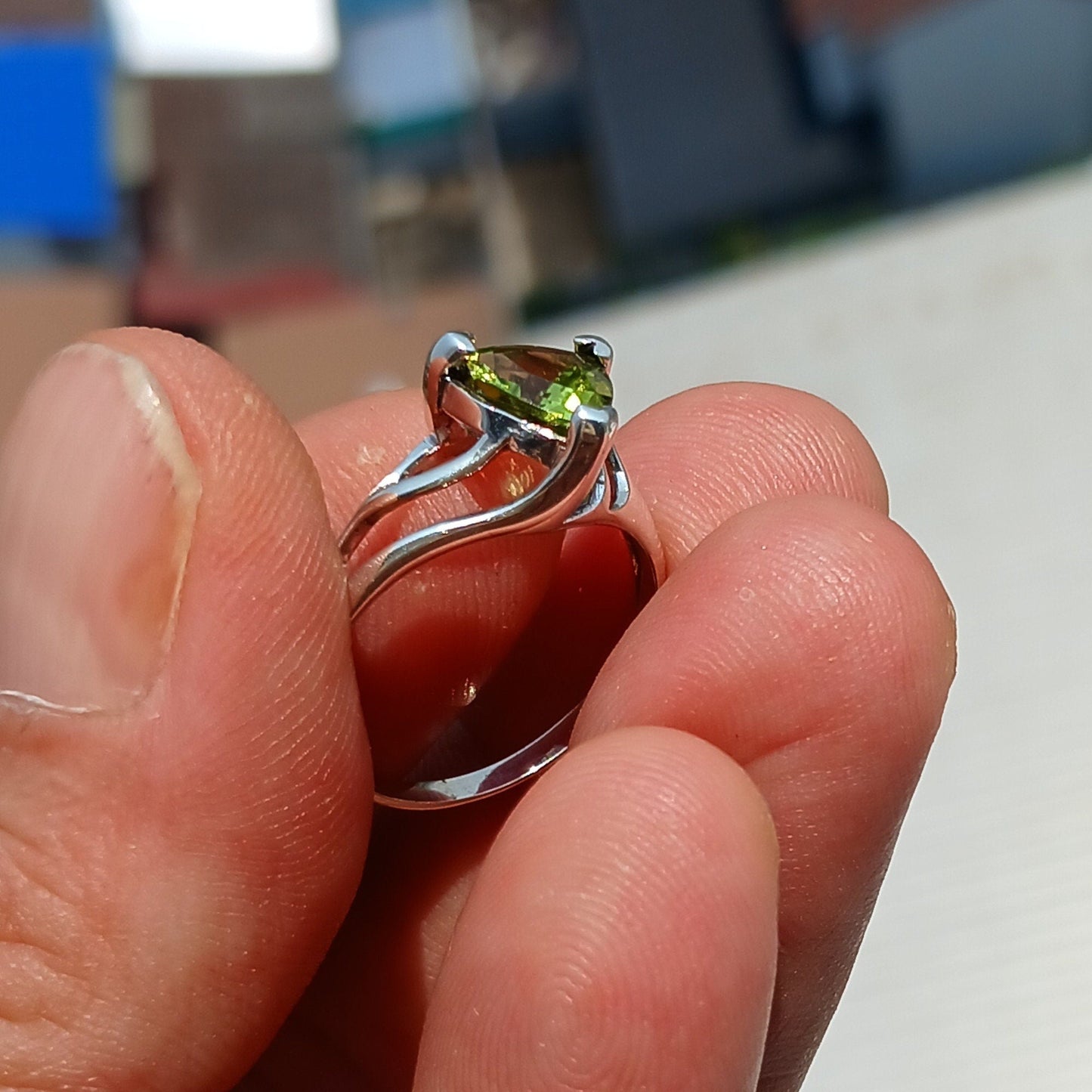 Peridot Ring, Sterling Silver Ring, Solitaire Ring, Trillion Cut,