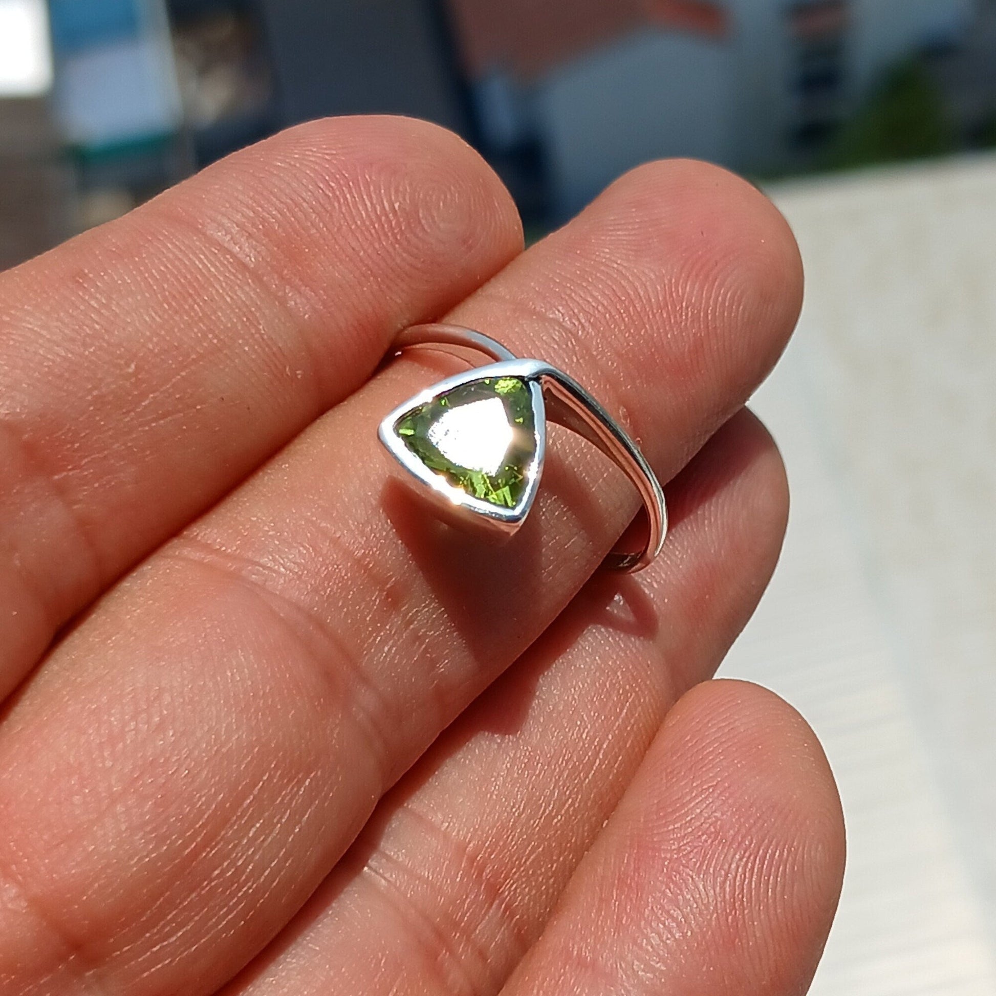 Peridot Ring, Sterling Silver Ring, Solitaire Ring, Trillion Cut,