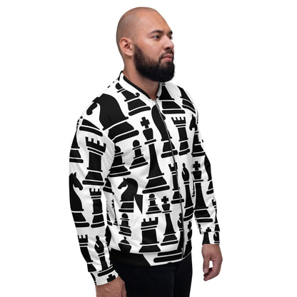 Mens Bomber Jacket - Black and White Chess Print 2