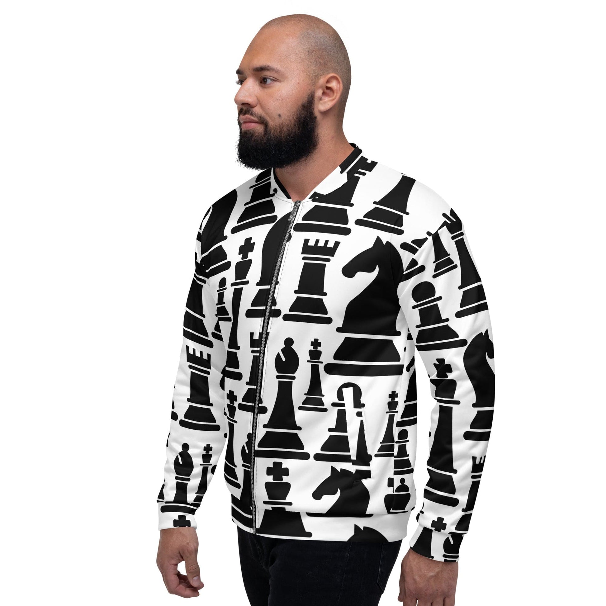 Mens Bomber Jacket - Black and White Chess Print 2