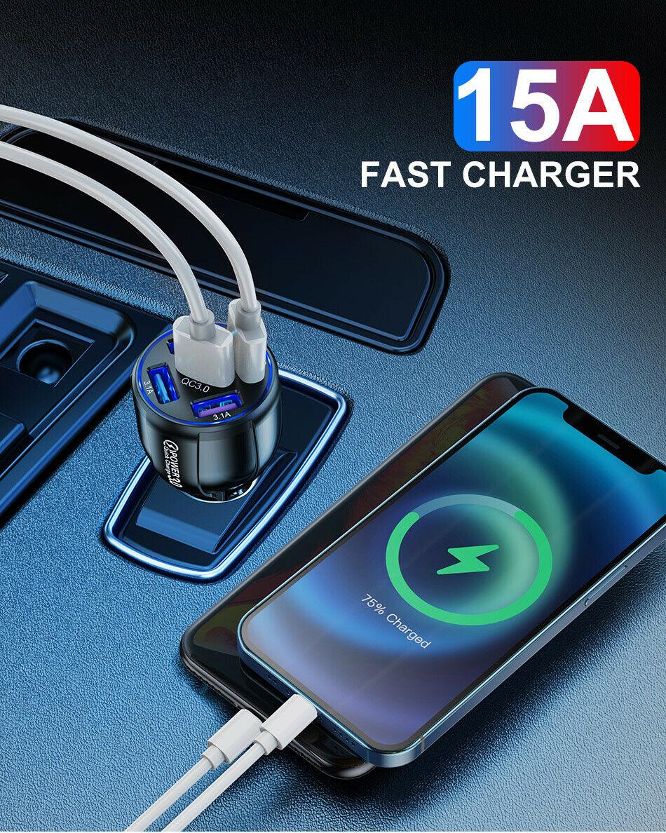 Black 4 Port LED Fast Car Charger and 6FT Charger Compatible for