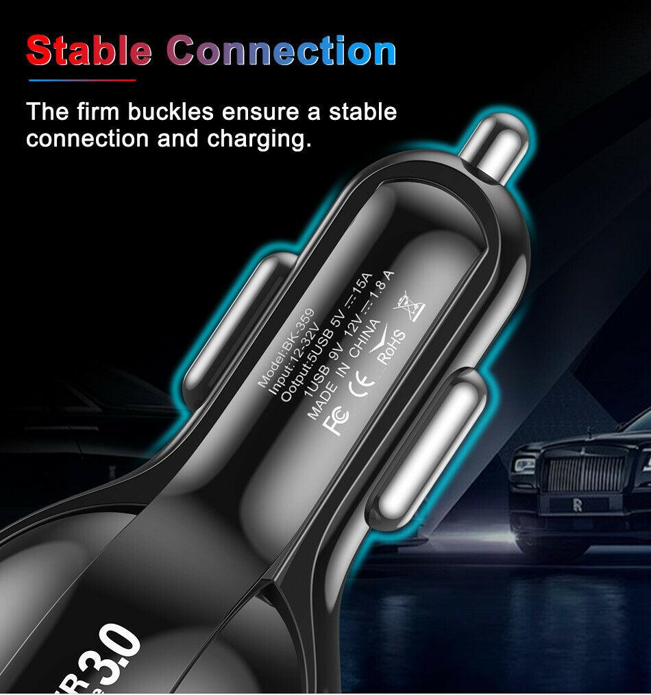 Black 4 Port LED Fast Car Charger and 6FT Charger Compatible for